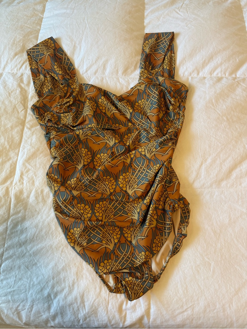 Off-Shoulder Ruched One-Piece Swimsuit in Rust Print - Picture 2 of 3